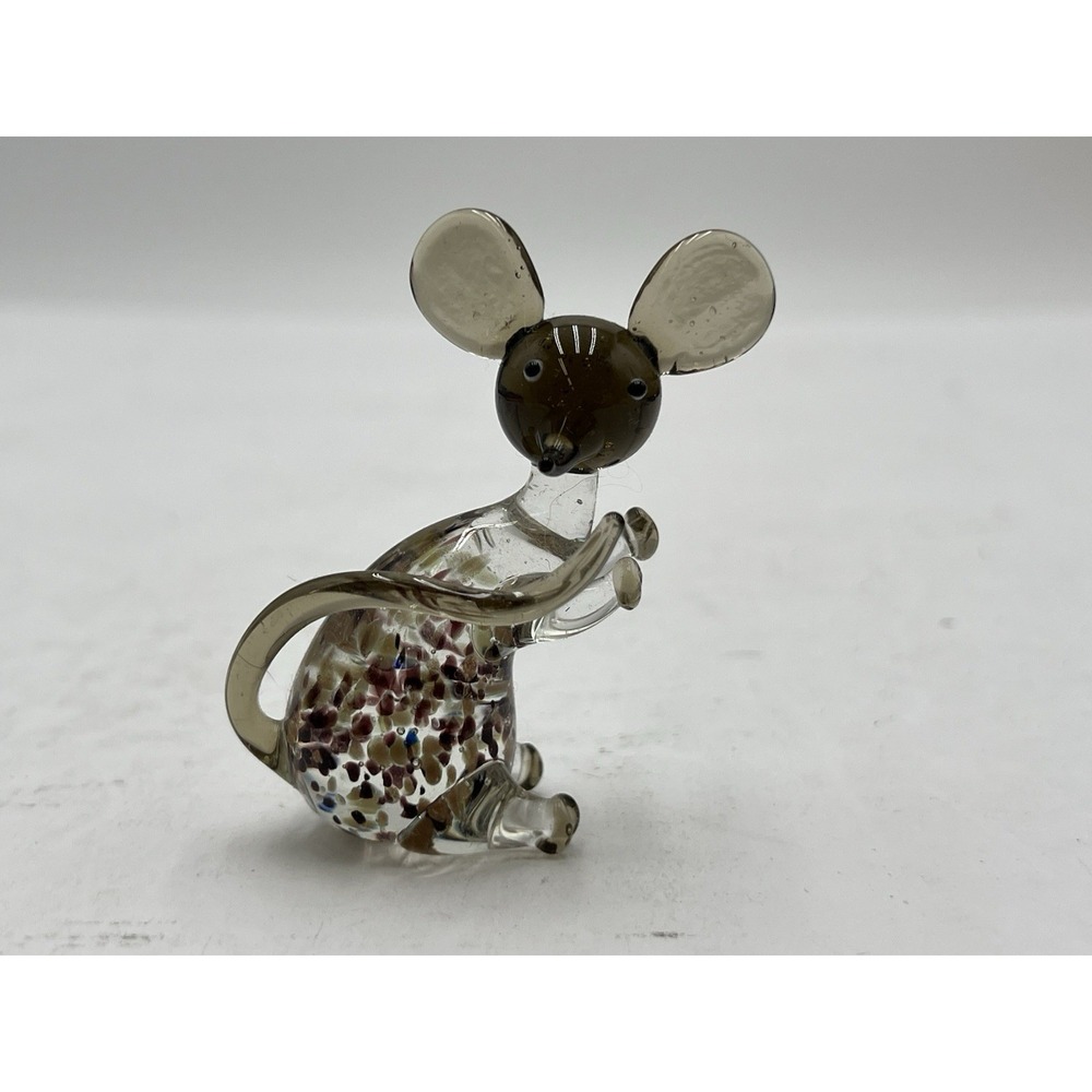 Vintage Hand Blown Art Glass Mouse Figurine Smoky Amber Clear Applied Glass